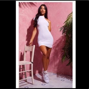 White Highneck Ribbed Bodycon Dress